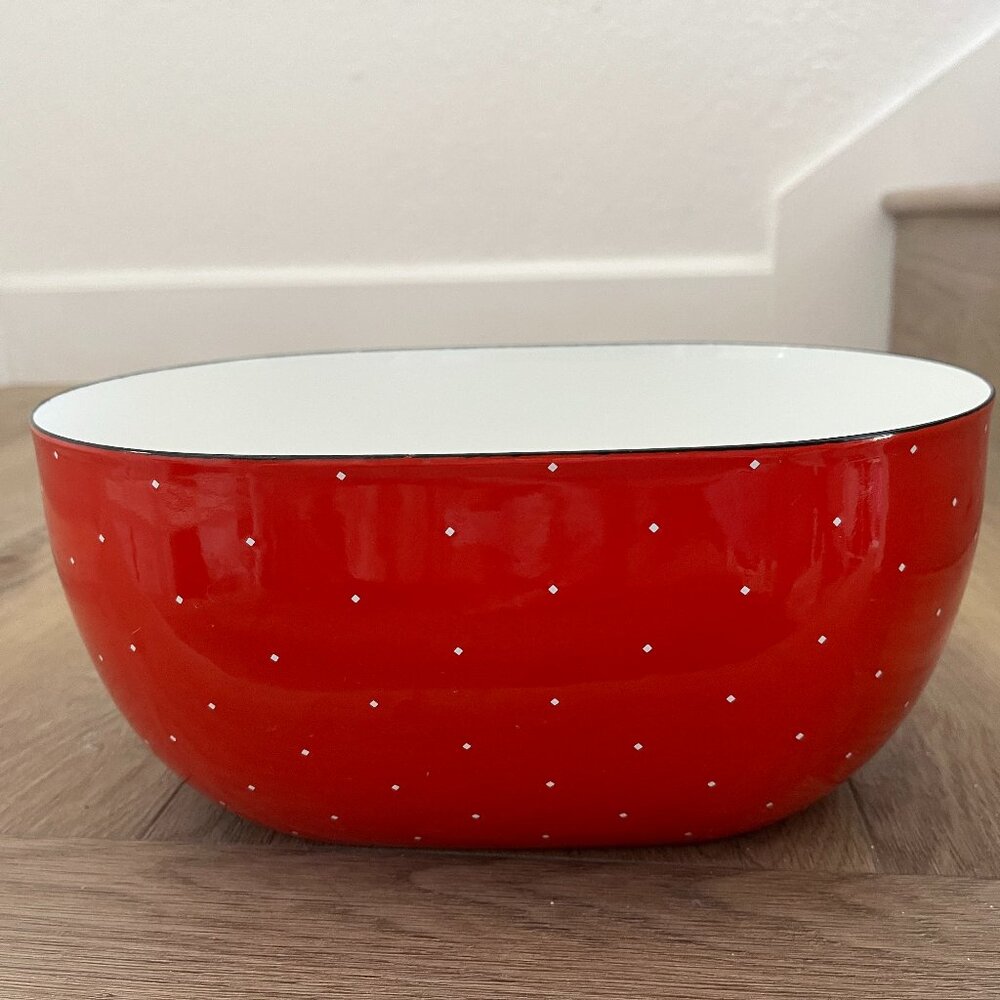 Red Enamel Oval Bowl Large white diamond